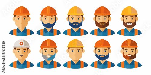 Construction worker face avatar icons vector, Construction worker, Illustration of man wearing worker apron outfit 