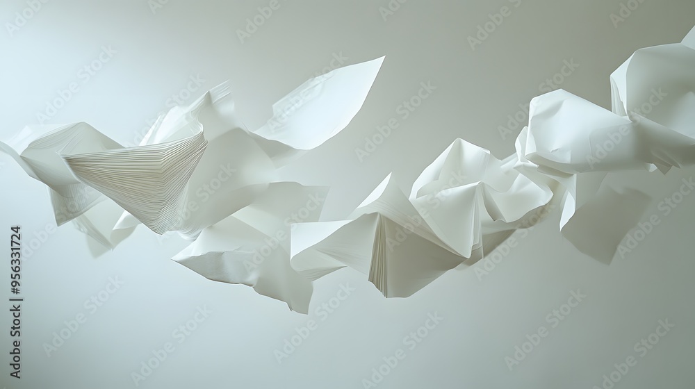 23. A series of abstract paper forms suspended in mid-air, creating a sense of floating motion