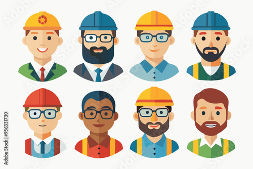 Construction worker face avatar icons vector, Construction worker, Illustration of man wearing worker apron outfit 