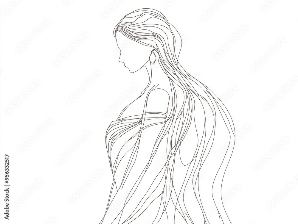 Single continuous line drawing of a fashionable female figure in a sari showcasing beauty through a minimalist flat doodle style on a white background