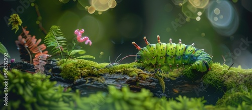 Copy space image featuring a toxic green caterpillar the Common Baron caterpillar with pink millipede both resting on a mossy log in a damp forest during the rainy season photo