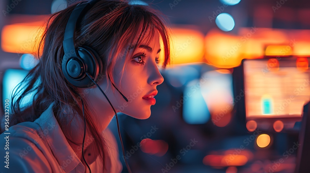 A young woman gamer illuminated by neon light, wearing headphones as she immerses herself in her gaming world. A young woman gamer illuminated by neon light, wearing headphones as she immerses herself in her gaming world.