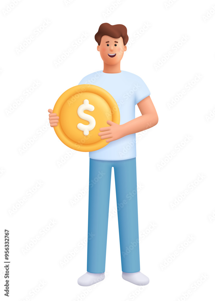 Young smiling man holding a gold coin. Finance, business, earning money, capital and investment concept. 3d vector people character. Cartoon minimal style. Young smiling man holding a gold coin. Finance, business, earning money, capital and investment concept. 3d vector people character. Cartoon minimal style.