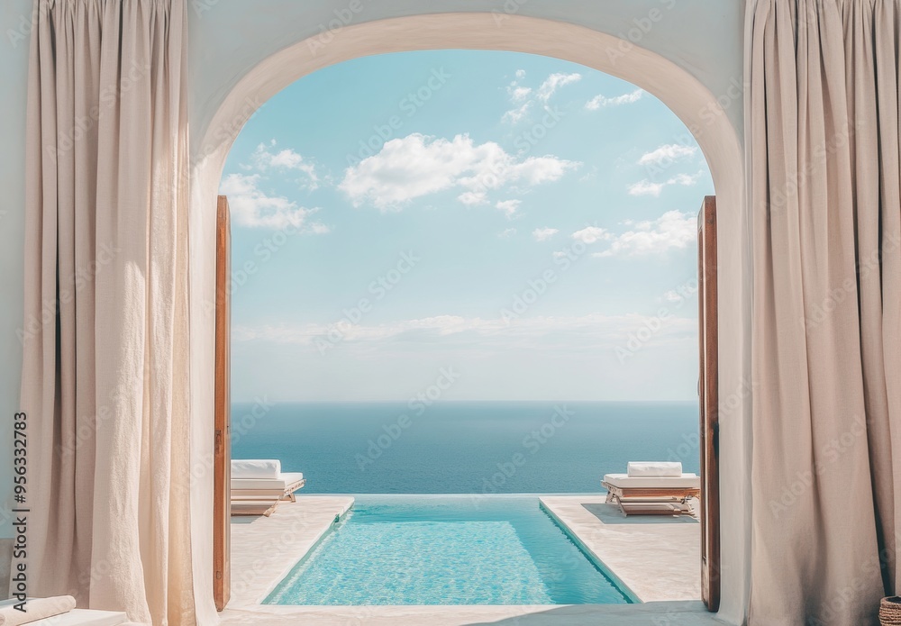 The deck chairs on the terrace with the pool have a stunning view of the sea, white traditional architecture in the Mediterranean style with an arch. The concept is for a summer vacation. It was The deck chairs on the terrace with the pool have a stunning view of the sea, white traditional architecture in the Mediterranean style with an arch. The concept is for a summer vacation. It was
