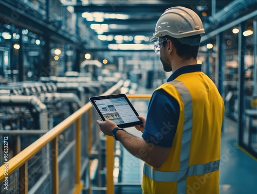 South European Worker in Modern Factory with iPad photo