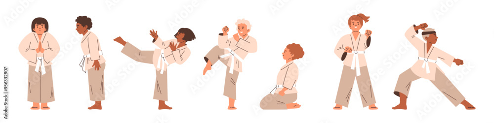 Kids wearing kimono and white belt, karate training practice vector flat illustration set, children poses in martial art Kids wearing kimono and white belt, karate training practice vector flat illustration set, children poses in martial art