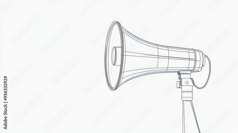 Continuous single line drawing of a megaphone illustrating a public horn speaker in a minimalist style on a white background Continuous single line drawing of a megaphone illustrating a public horn speaker in a minimalist style on a white background