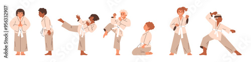 Kids wearing kimono and white belt, karate training practice vector flat illustration set, children poses in martial art