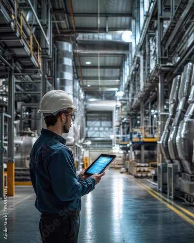 South European Worker in Modern Factory with iPad