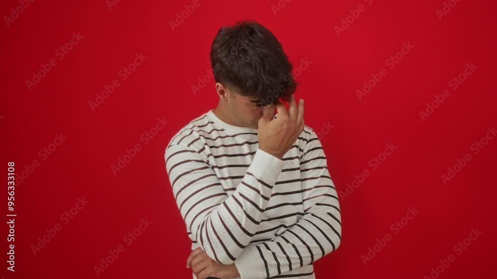 Young hispanic man wearing stripes t-shirt standing with eyes rubbing due to headache and nose tiredness, feeling fatigue and stress; frustration and head ache over isolated red background Young hispanic man wearing stripes t-shirt standing with eyes rubbing due to headache and nose tiredness, feeling fatigue and stress; frustration and head ache over isolated red background