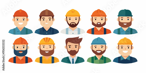 Construction worker face avatar icons vector, Construction worker, Illustration of man wearing worker apron outfit