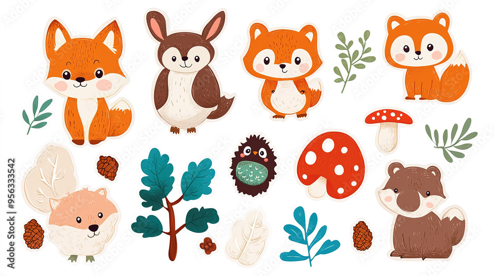 Obraz premium Cute animal sticker set: fox, bear, rabbit, owl, hedgehog, jungle theme on white.