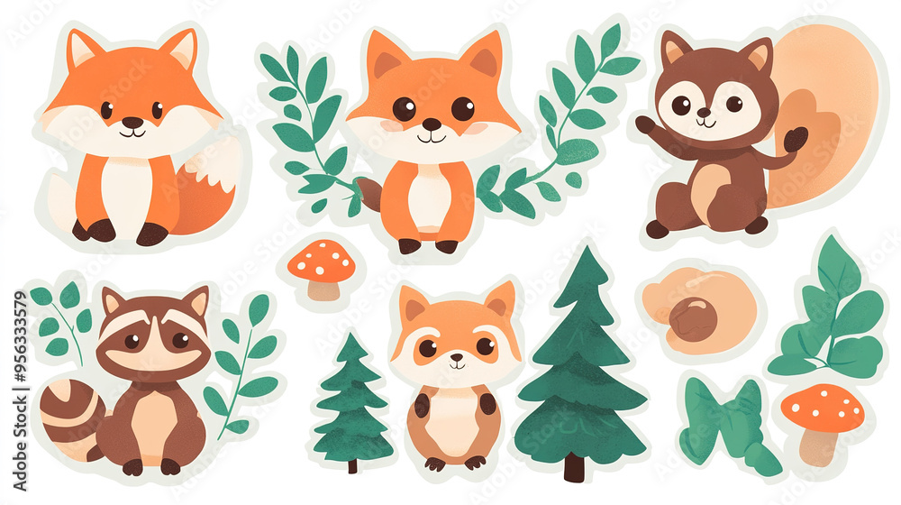Fototapeta premium Playful fox, curious bear, rabbit, owl, hedgehog in jungle-themed stickers on white background.