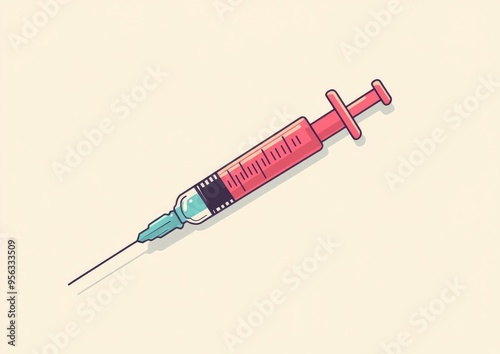 Line art illustration featuring a cartoon style medical syringe in a simple minimalist design