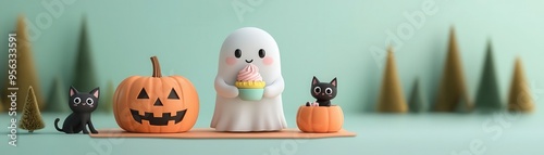 A whimsical Halloween scene featuring a friendly ghost, playful cats, and carved pumpkins, perfect for seasonal decor.