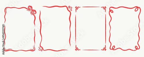 Quirky trendy Frame, Hand Drawn red  Borders with bows for Wedding Invitation, Whimsical frames for birthday card, Squiggly and Wavy Borders. Minimalist line art