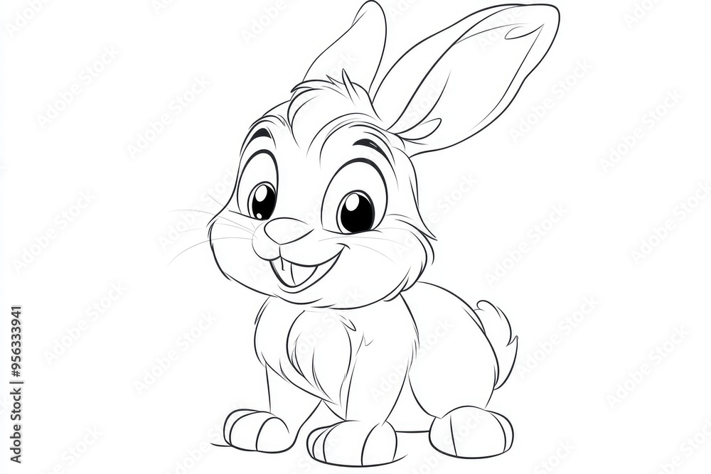 Line art illustration of a cheerful bunny designed for a coloring book featuring an outline sketch of an animal mascot and game character on a white background