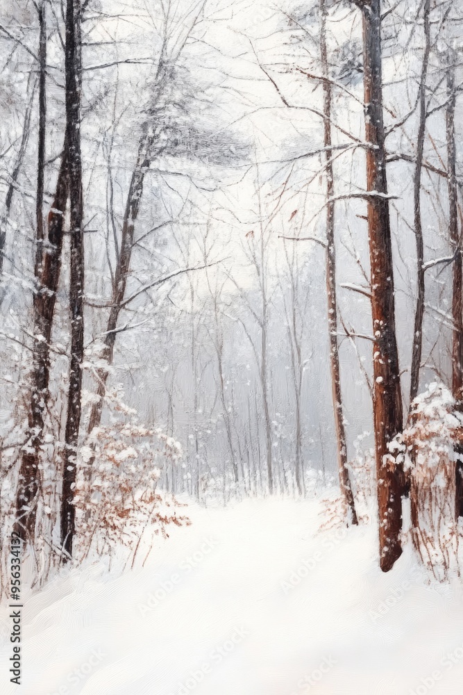 Obraz premium Oil painting depicting a snowy forest scene with blurred background showcasing winter trees and branches in a serene winter landscape