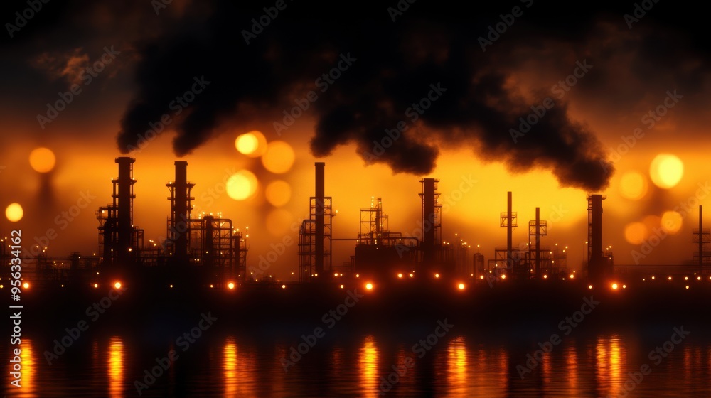 Industrial skyline at sunset with smoke and silhouettes of refinery chimneys, showcasing a blend of nature and technology.