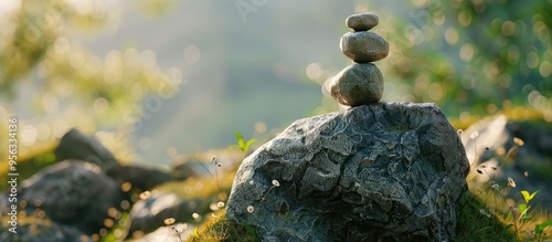 Stone balancing a skill involving arranging rocks with precision creating a serene and mesmerizing copy space image