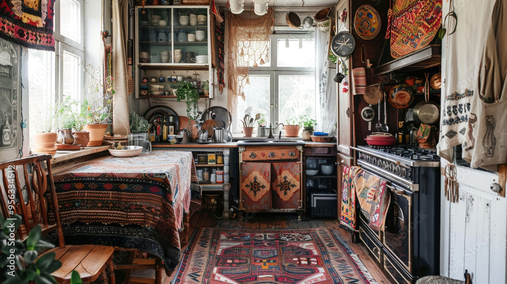 a bohemian kitchen with a mix of patterned textiles and rustic furniture a bohemian kitchen with a mix of patterned textiles and rustic furniture