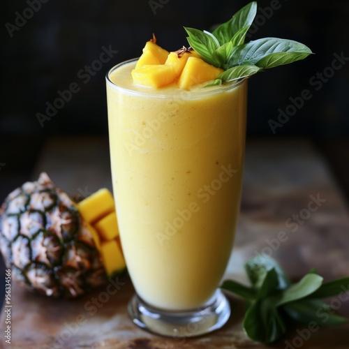 A refreshing mango smoothie in a tall glass with fresh mango, basil and pineapple slices.