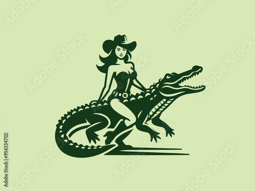  Beautiful cowgirl woman riding an alligator. vintage black and white engraving vector isolated illustration, logo, emblem, cut out, woodcut. Print, tattoo