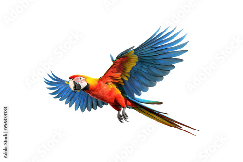 The image features a red scarlet macaw bird, its wings spread out. Suitable for website backgrounds or marketing materials for nature, wildlife, tropical themes, and bird enthusiasts