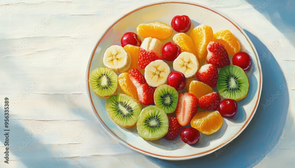 Oil painting depicting a plate of fruit salad featuring chopped strawberries kiwi banana orange and cherry on a white wooden surface A visual celebration of healthy organic food Oil painting depicting a plate of fruit salad featuring chopped strawberries kiwi banana orange and cherry on a white wooden surface A visual celebration of healthy organic food