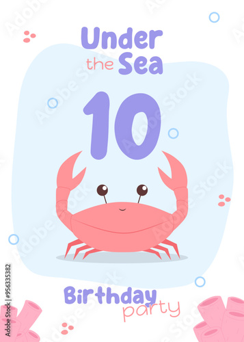 Underwater-themed tenth birthday invitation. Fun card with a red crab and coral details in light, soft colors.