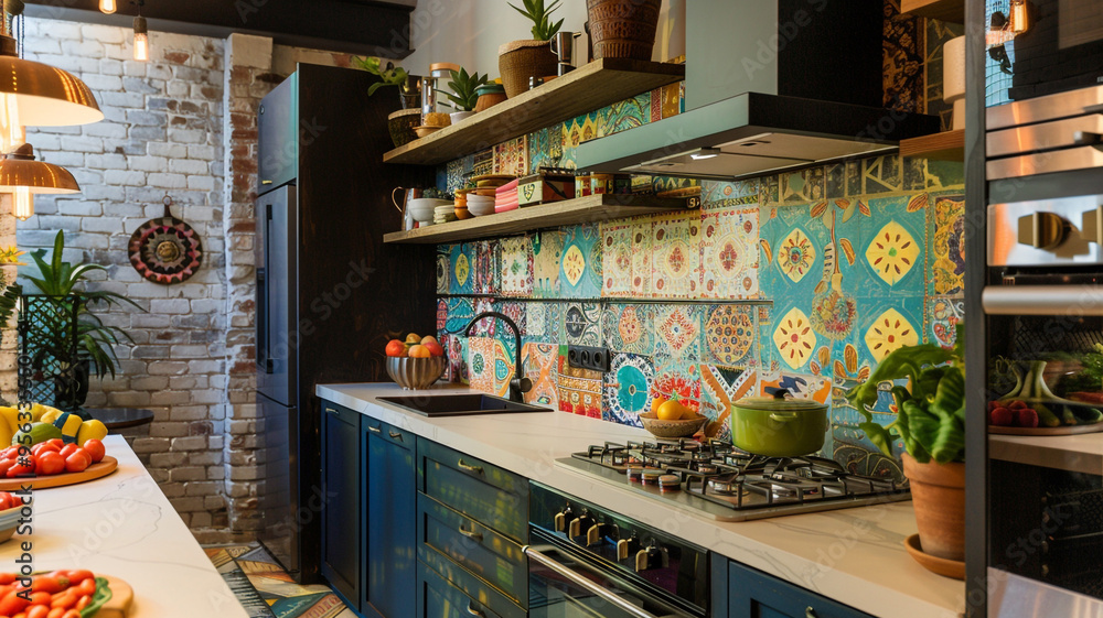 a bohemian kitchen with a vibrant backsplash and open shelving a bohemian kitchen with a vibrant backsplash and open shelving