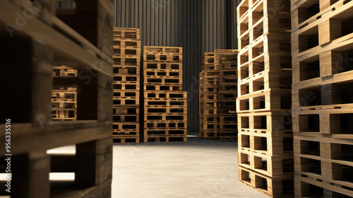 Stacked Wooden Pallets in a Warehouse for Inventory Management and Logistics