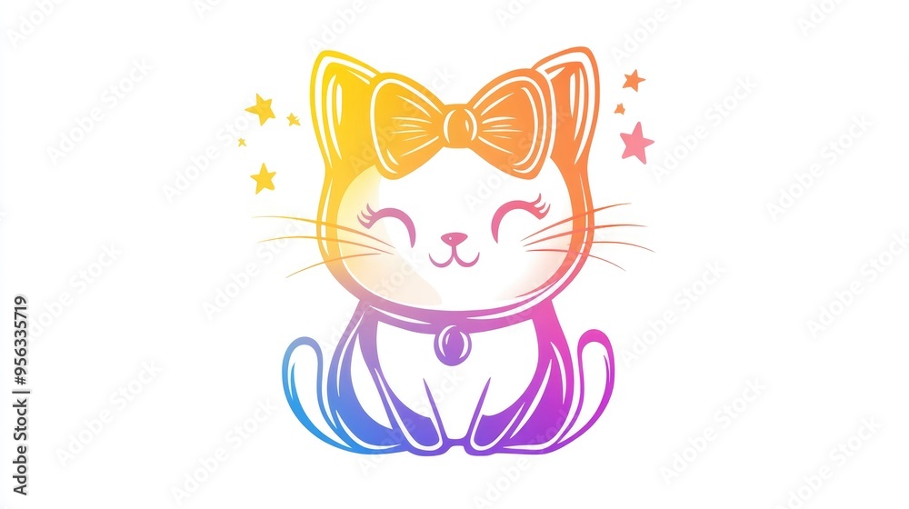 Line art illustration featuring a rainbow gradient design of a cartoon cat adorned with a bow on its head Line art illustration featuring a rainbow gradient design of a cartoon cat adorned with a bow on its head