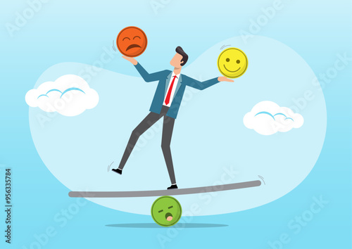 mindful calm businessman using her hand to balance smile and sad face