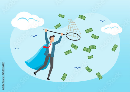 businessman trying to catch flying money with a butterfly net.
