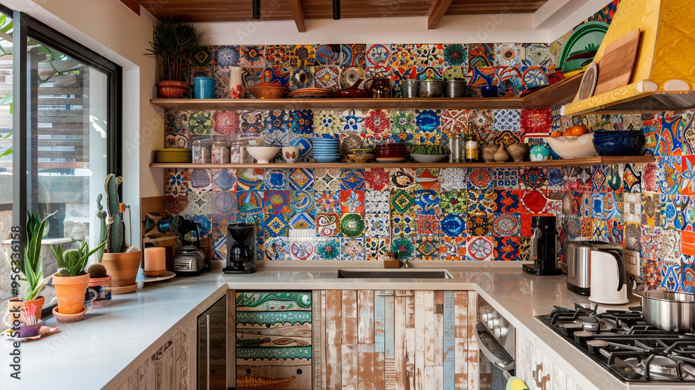 Naklejka premium a bohemian kitchen with a vibrant backsplash and open shelving