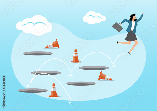 smart businesswoman jump pass many pitfalls to achieve business success