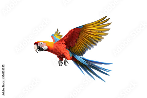 The image features a red scarlet macaw bird, its wings spread out. Suitable for website backgrounds or marketing materials for nature, wildlife, tropical themes, and bird enthusiasts photo