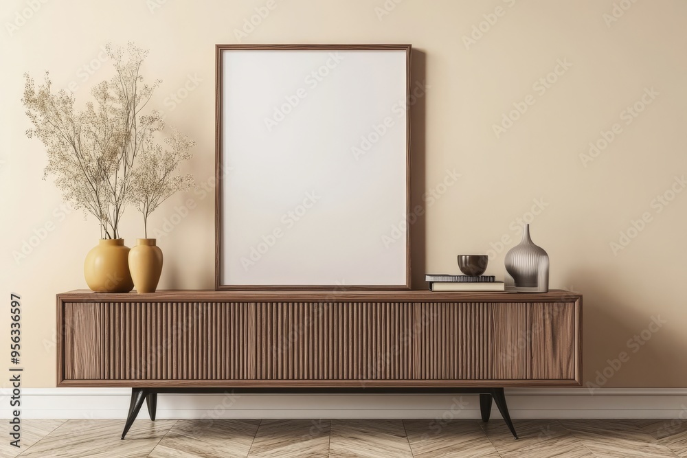 A mock up poster frame, a wooden dresser, and home decor in a rustic living room. It was created with the help of generative AI. A mock up poster frame, a wooden dresser, and home decor in a rustic living room. It was created with the help of generative AI.