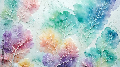 A dreamlike watercolor painting of ethereal trees, their branches reaching towards the sky in a symphony of vibrant colors and delicate textures. Background. Art. 1