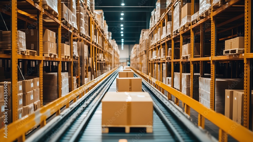 Conveyor Belt System in a Large Warehouse: Photo of Cardboard Boxes Being Transported on a Modern Conveyor Belt Conveyor Belt System in a Large Warehouse: Photo of Cardboard Boxes Being Transported on a Modern Conveyor Belt