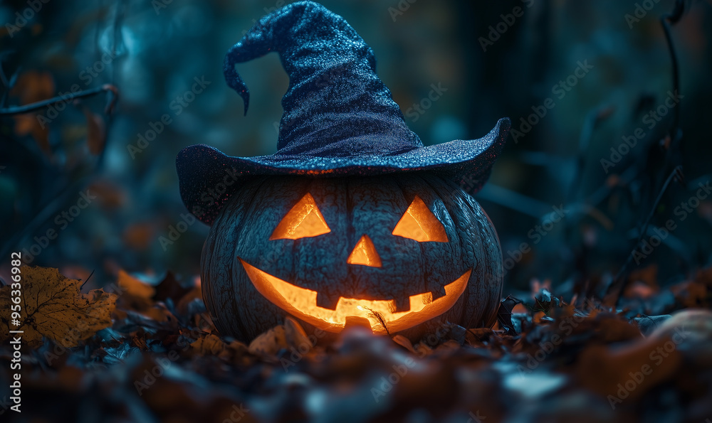 Naklejka premium Halloween pumpkin in the forest at night with witch hat. Spooky scary dark Night forrest. Holiday event halloween banner background concept.