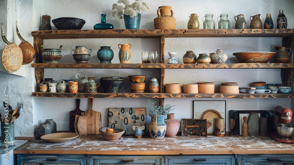 a bohemian kitchen with open shelves displaying unique pottery