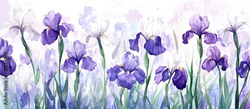 Watercolor illustration of white and violet iris flowers in a spring garden