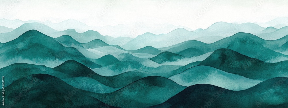 Watercolor illustration of waves in dark green and cyan hues Watercolor illustration of waves in dark green and cyan hues