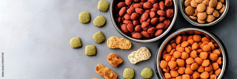 Bowls of assorted pet food representing balanced nutrition for pets. main objects: bowls, assorted pet food. Bowls of assorted pet food representing balanced nutrition for pets. main objects: bowls, assorted pet food.