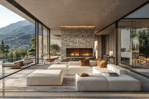 Modern Living Room with Fireplace and Mountain View