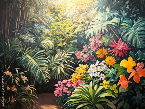 Vibrant oil painting depicting a lush botanic garden filled with a variety of flowers and leaves showcasing the beauty of spring