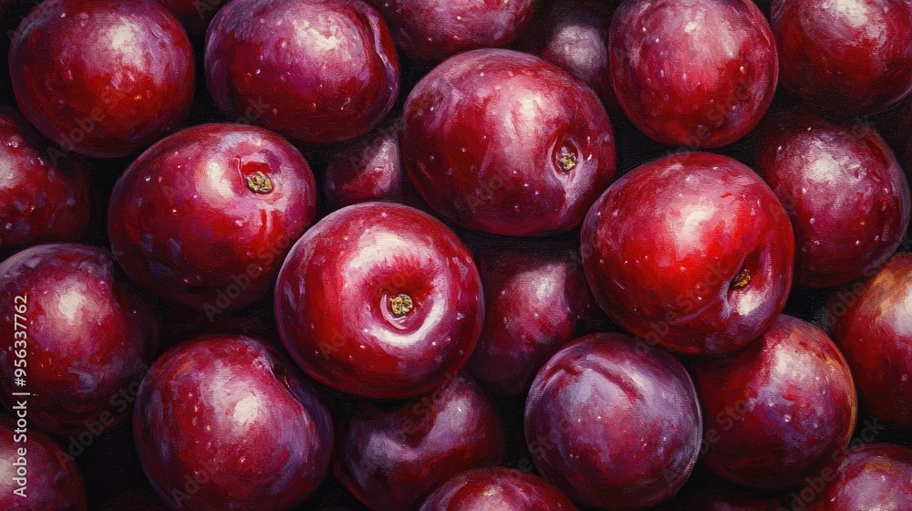 Vibrant oil painting of a lush pile of ripe juicy red plums Vibrant oil painting of a lush pile of ripe juicy red plums