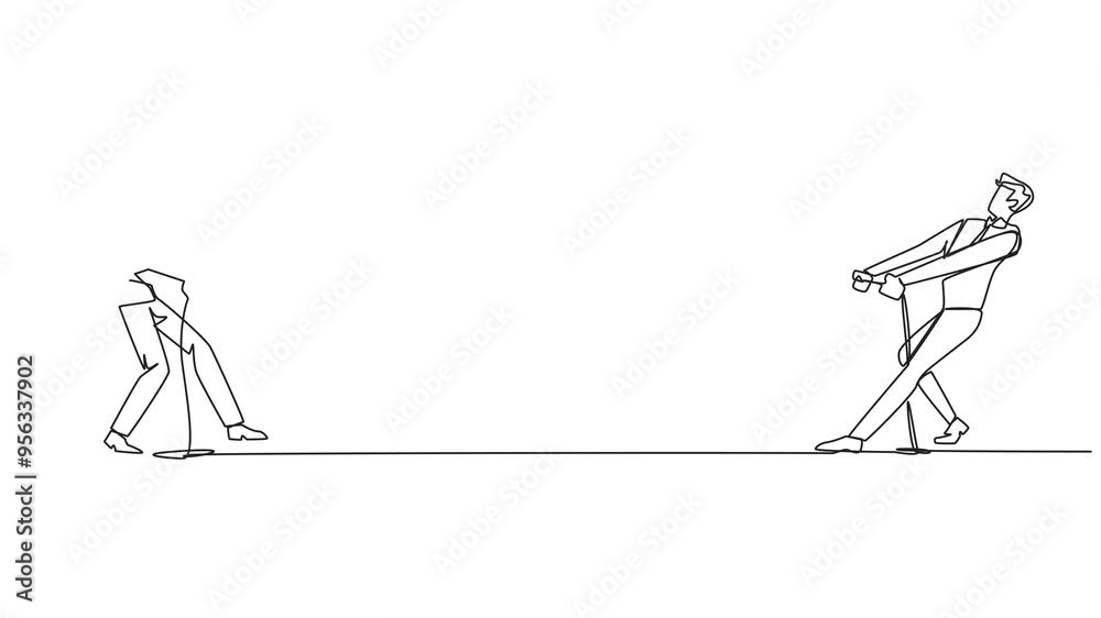 Self drawing animation of single one line drawing two businessmen pulling each other's rope. Light exercise relieves fatigue of daily routine. Eliminate business stress together. Full length animated Self drawing animation of single one line drawing two businessmen pulling each other's rope. Light exercise relieves fatigue of daily routine. Eliminate business stress together. Full length animated